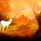 White deer in forest at sunrise or sunset: serene and mystical ambiance