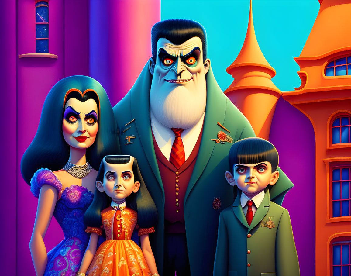 Gothic-themed family portrait in front of colorful mansion at dusk