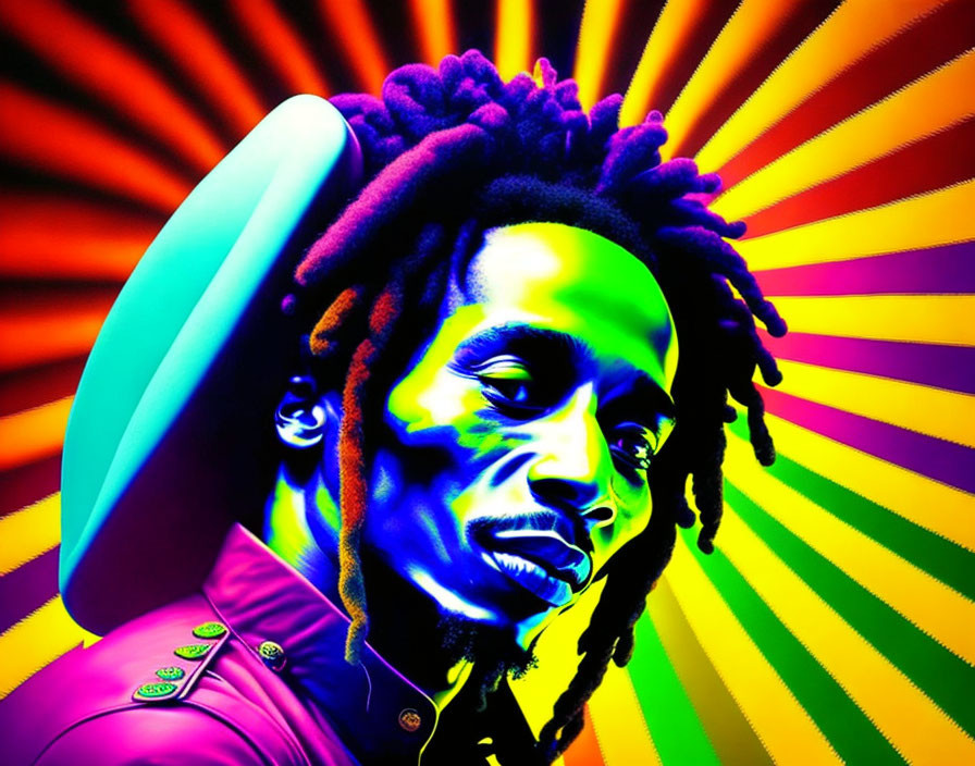 Vibrant portrait of person with dreadlocks on rainbow background