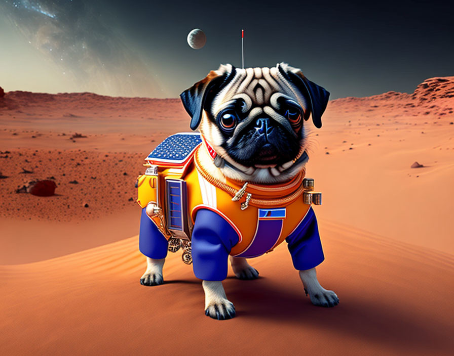 Pug in spacesuit on Mars-like landscape with satellite dish antenna