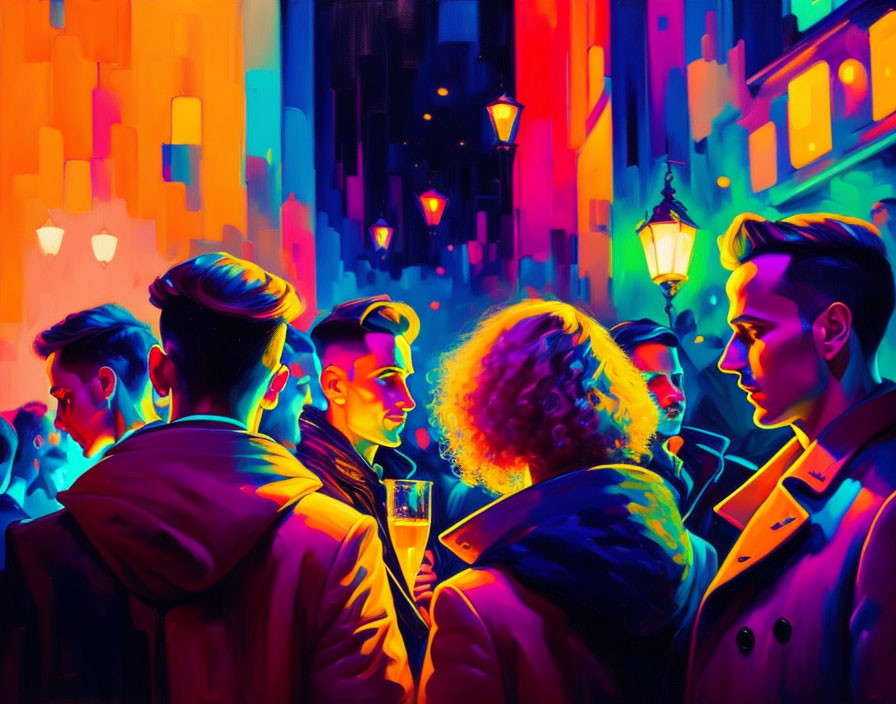 Colorful painting of people in a neon-lit city at night