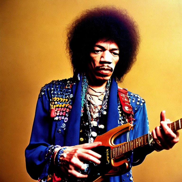 Man with Afro Hairstyle Plays Electric Guitar in Colorful Military-Style Jacket