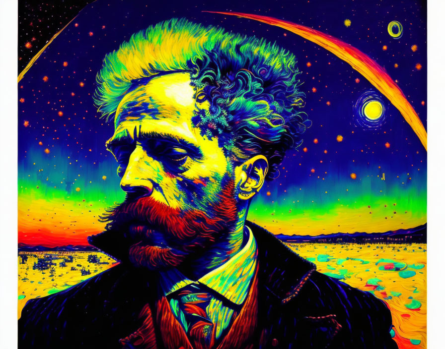Colorful Portrait of Bearded Man with Starry Night Background