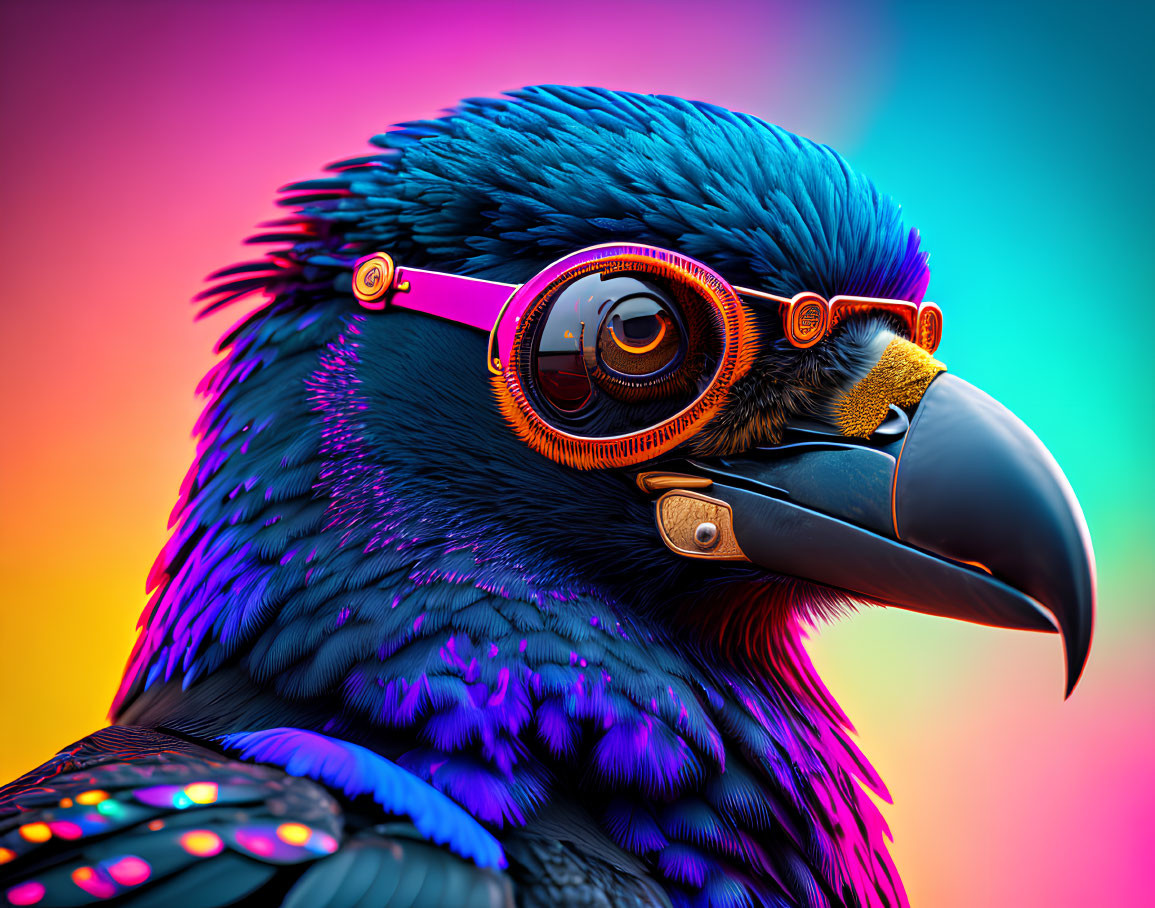 Colorful Stylized Bird Artwork with Blue Body and Glasses