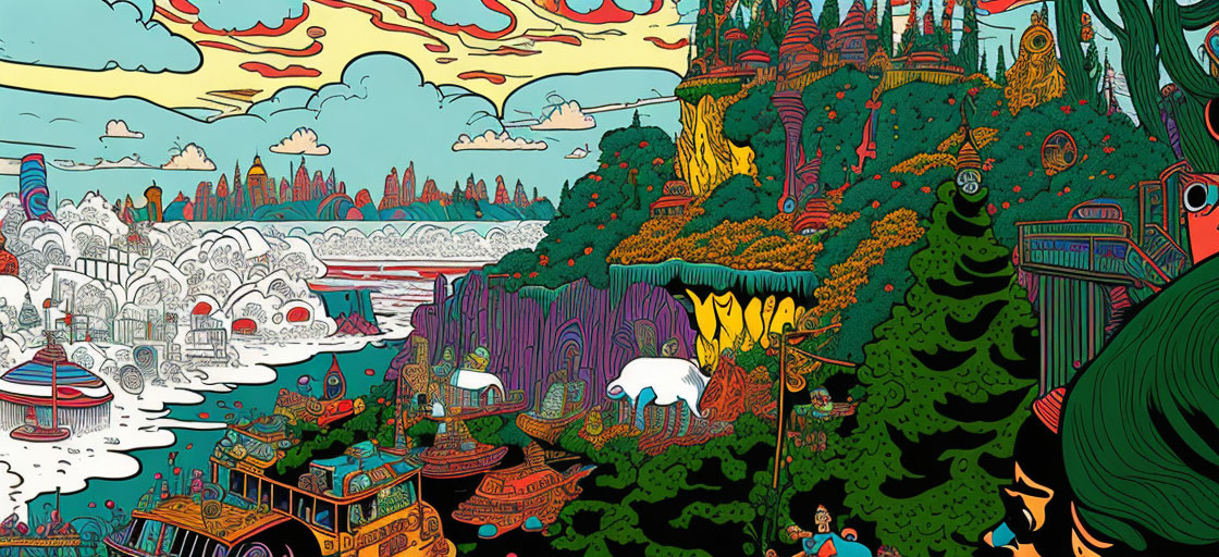 Detailed Fantasy Landscape Illustration with Diverse Ecosystems