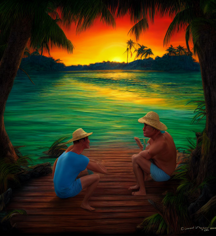 Two people in straw hats on wooden dock at sunset with tropical trees and water.