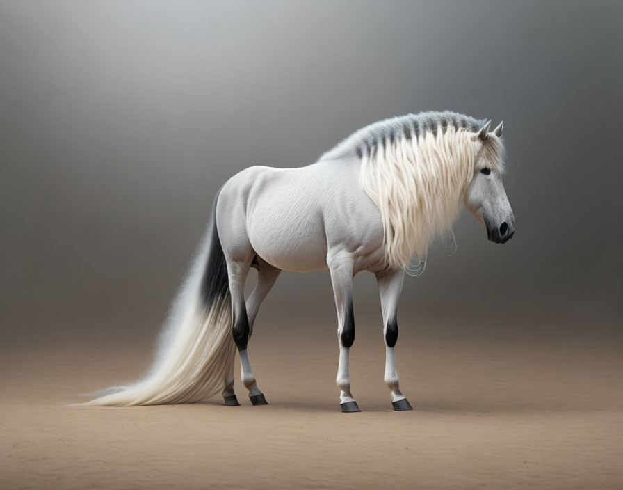 Majestic White Horse with Flowing Mane on Soft Grey Background