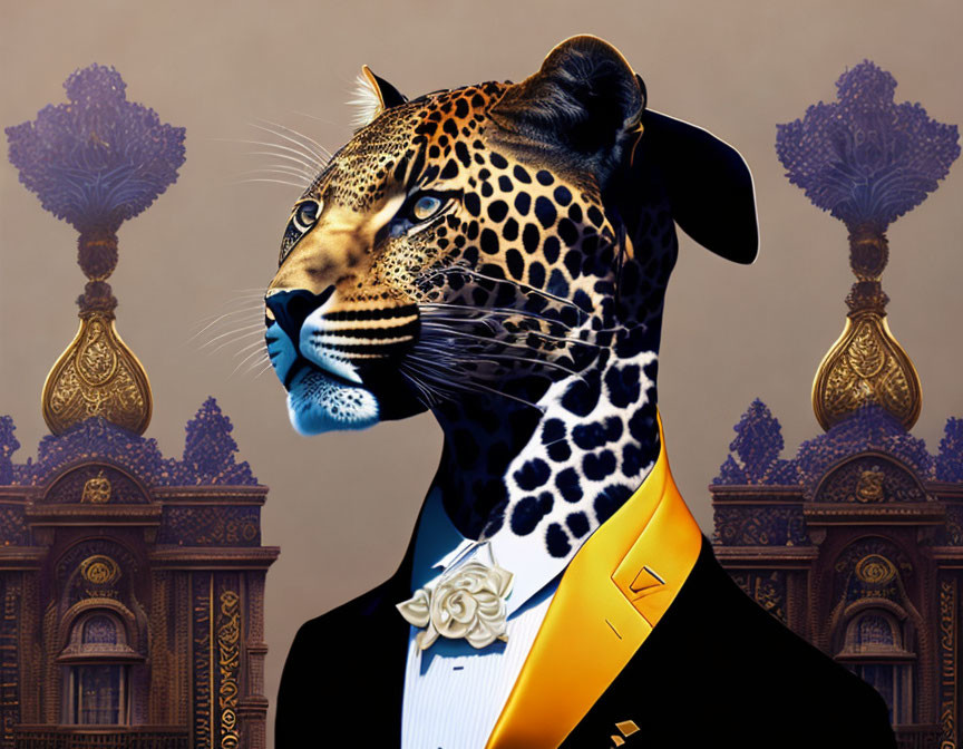 Jaguar with human body in formal attire against ornate backdrop