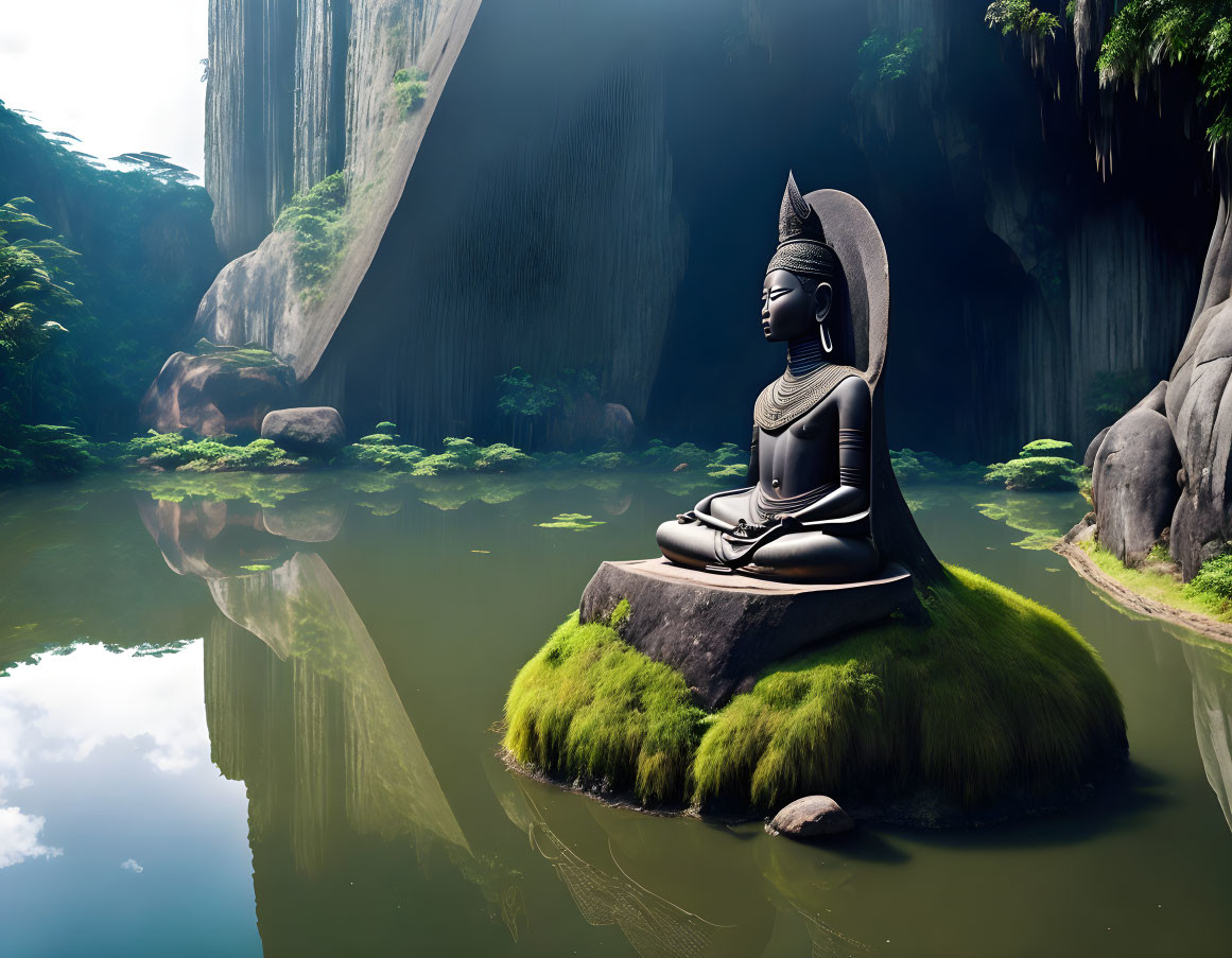 Tranquil Buddha statue on mossy island in serene pond