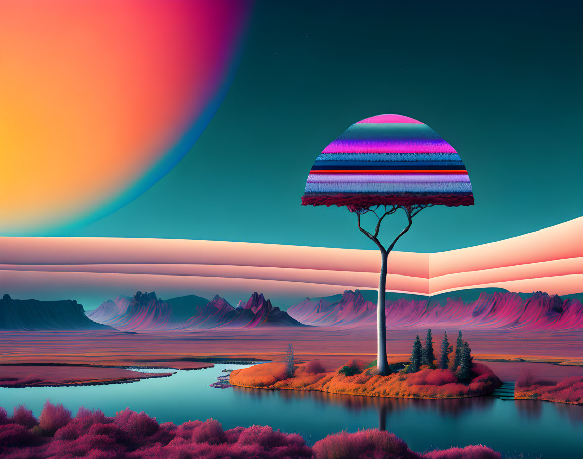 Colorful Striped Tree on Island with Multicolored Planet in Surreal Landscape