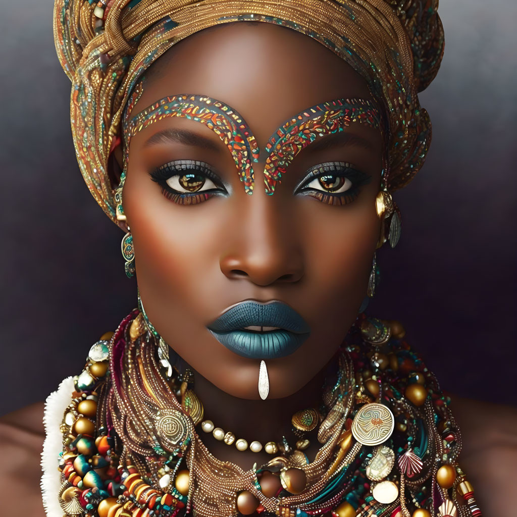 Intricately painted woman with turban and ornate jewelry on dark background