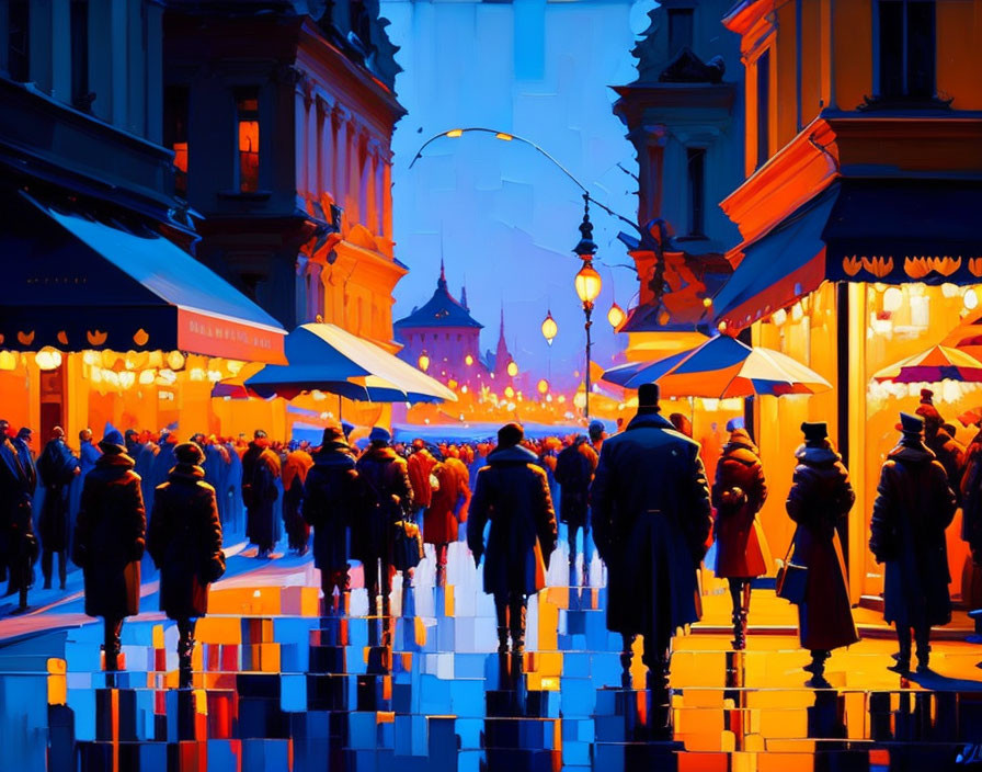 Colorful street scene at dusk with people, streetlights, and market stalls