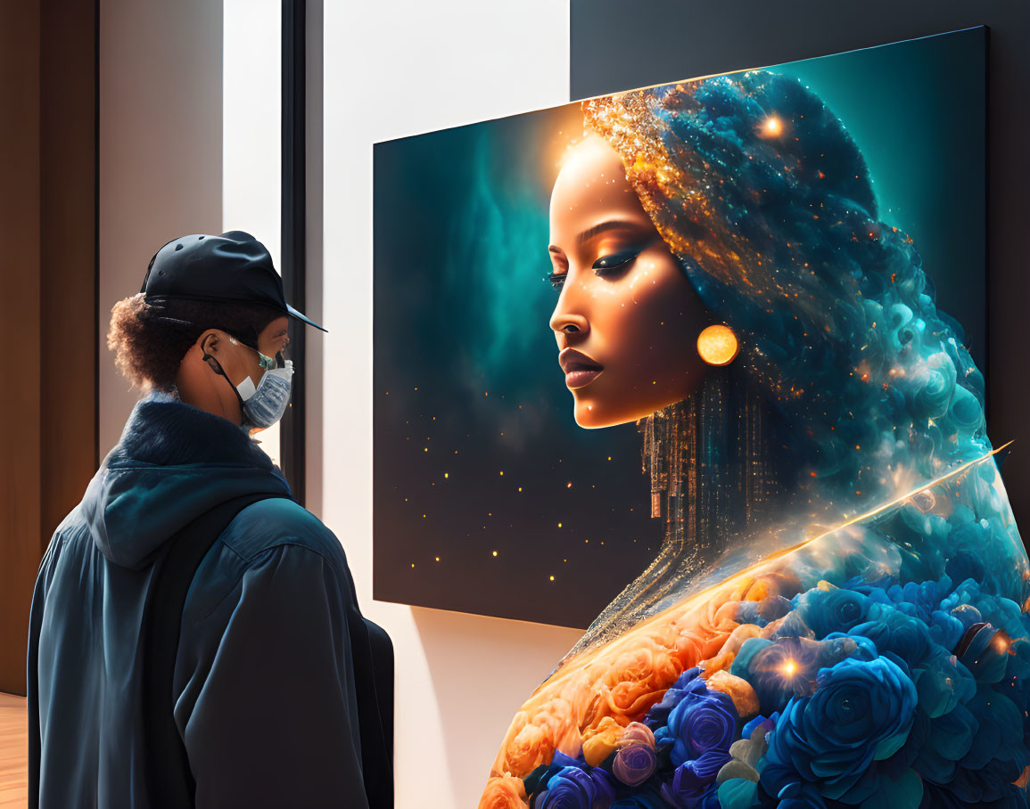 Person in Black Jacket and Cap Observing Vibrant Painting of Woman with Cosmic Headpiece