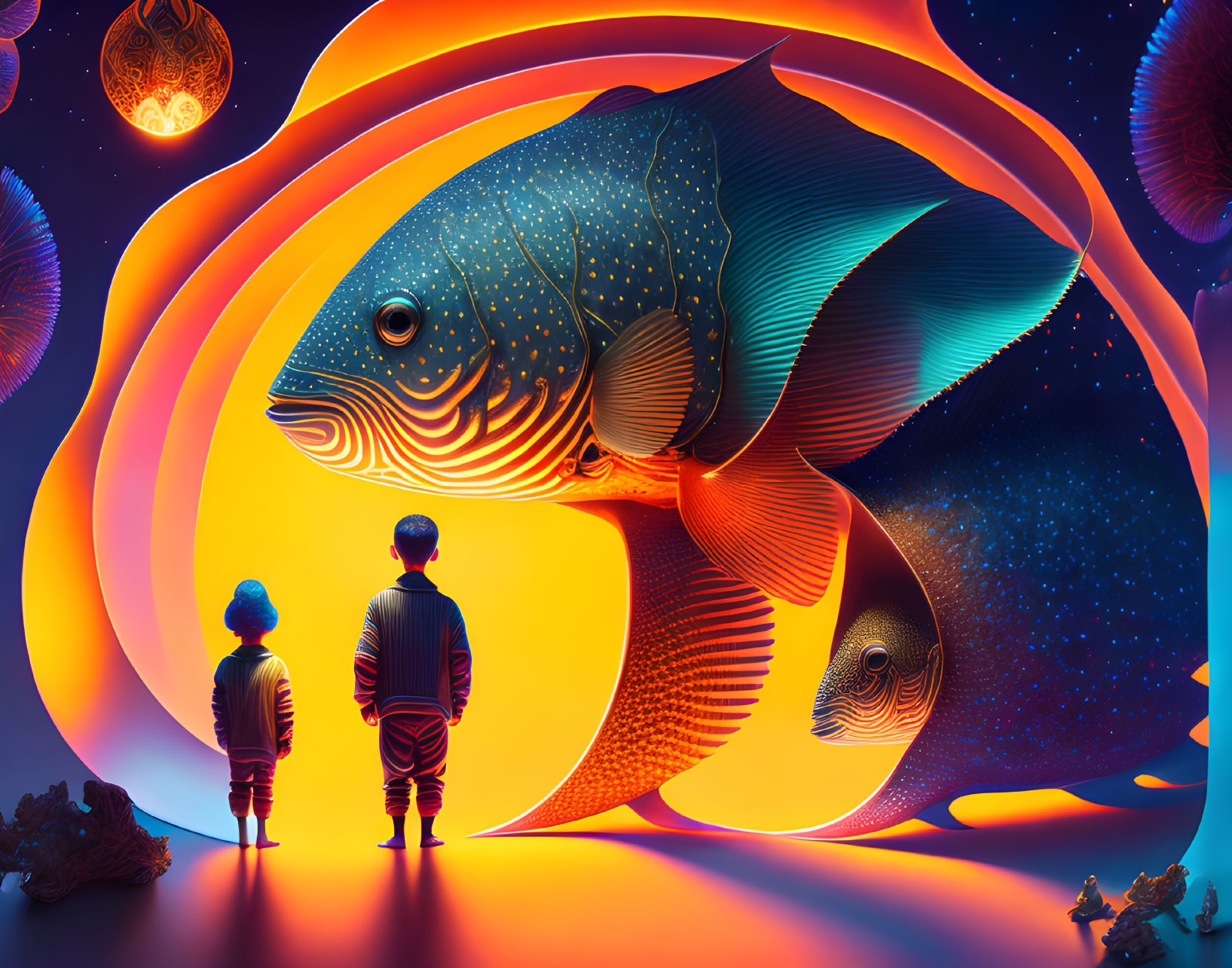 Children mesmerized by fantastical fish in vibrant cosmic ocean