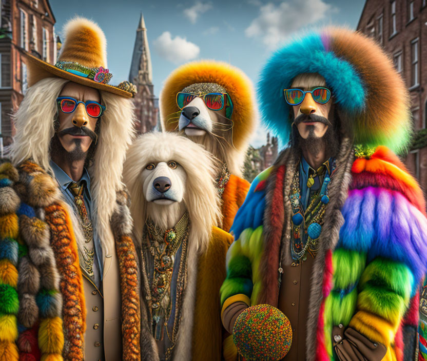 Four Dogs in Colorful 70s Outfits on City Street