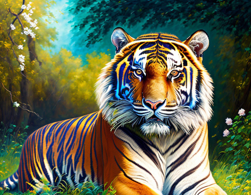 Colorful Tiger Resting in Lush Green Forest