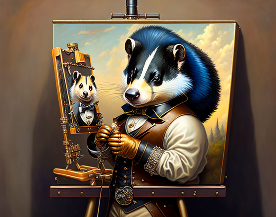Anthropomorphic badger in vintage outfit paints steampunk self-portrait.