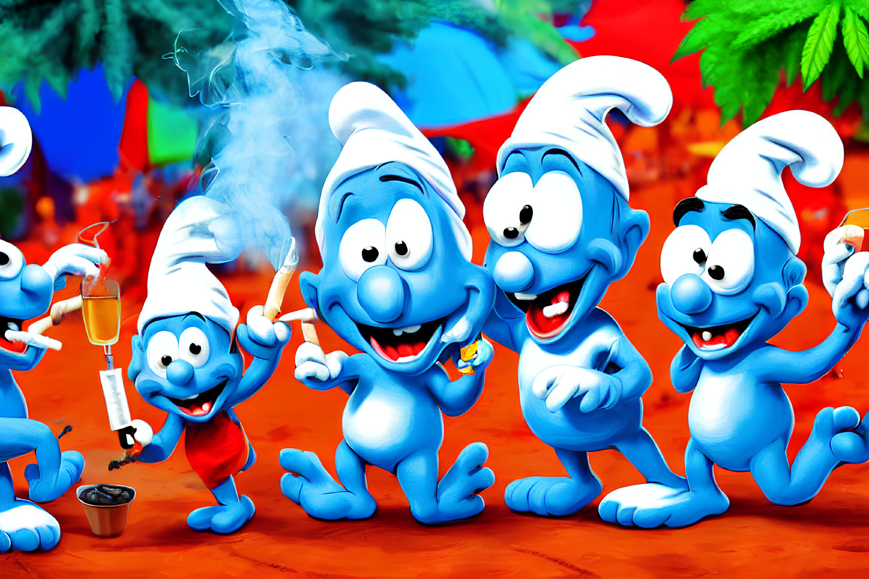 Blue animated characters in white hats gather happily with paintbrush and red cup, smiling.