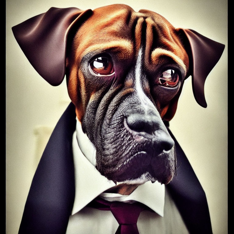 Surreal digital art of dog-human hybrid in suit and tie