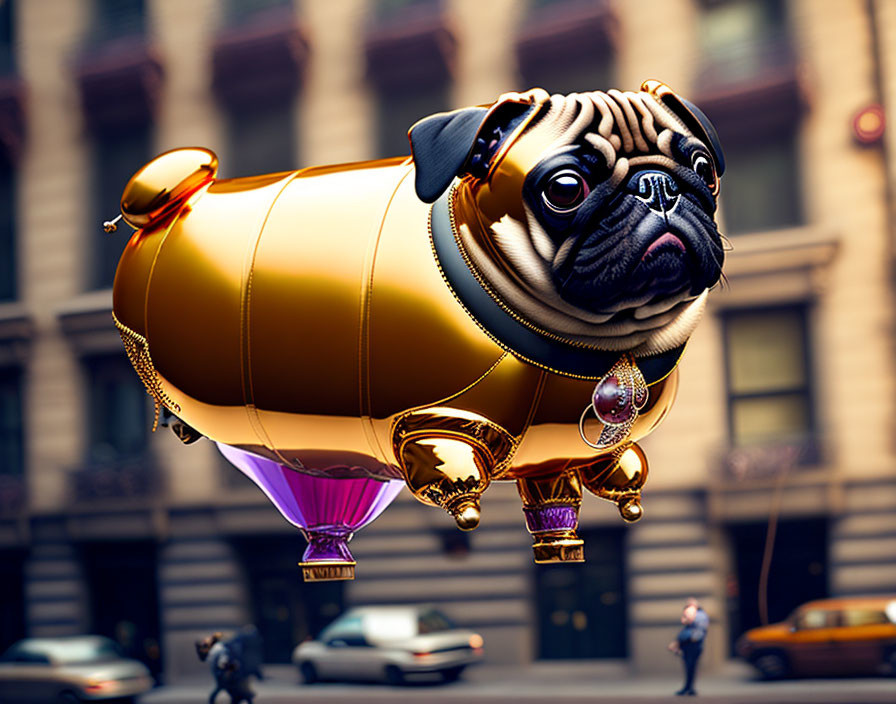 Golden Pug-Shaped Blimp Floating Over Urban Street