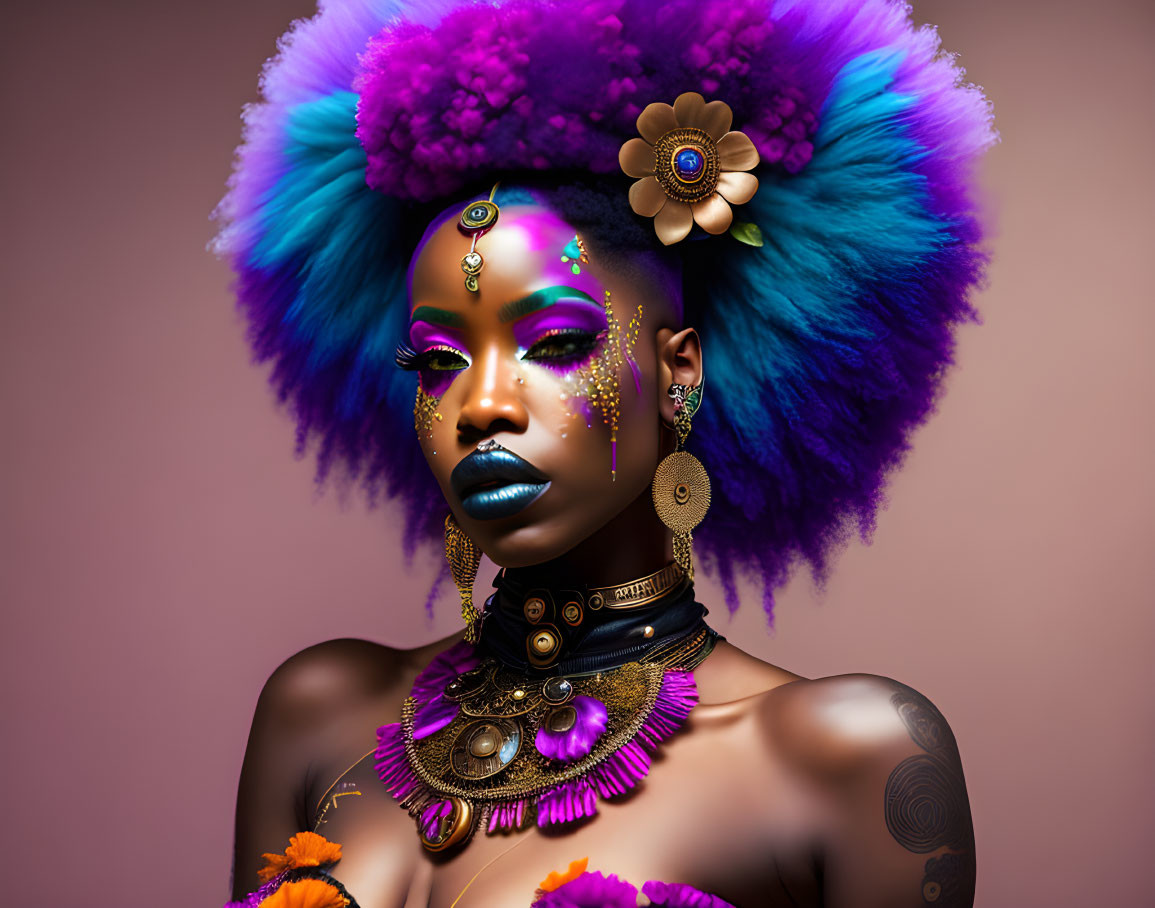 Colorful Faux-Hawk Hairstyle and Vibrant Makeup Against Pink Background