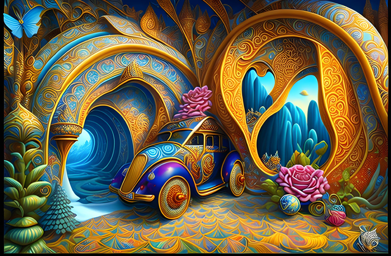 Colorful Psychedelic Illustration: Stylized Volkswagen Beetle in Fantastical Flora &
