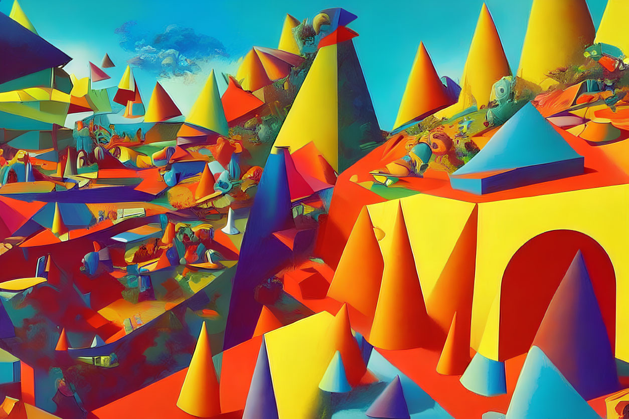 Colorful Geometric Landscape with Miniature Figures
