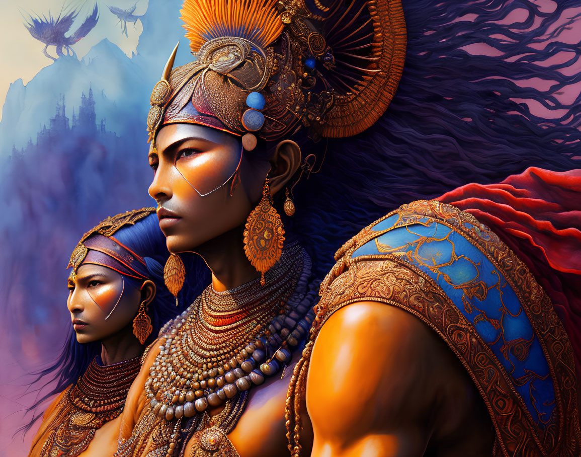 Detailed Illustration: Two People in Regal Tribal Attire with Ornate Headdresses and Intense