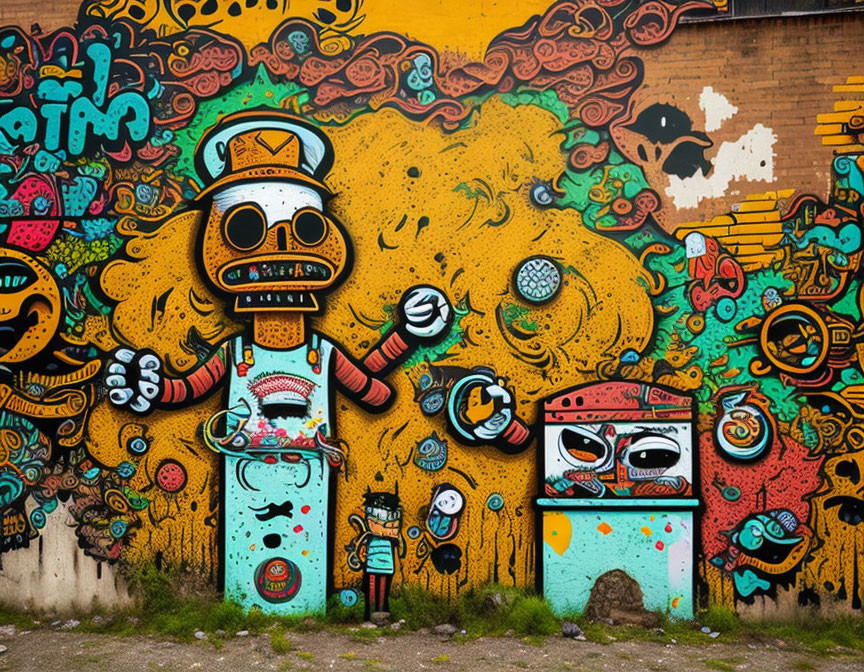 Vibrant street art with cartoon characters and graffiti on urban wall