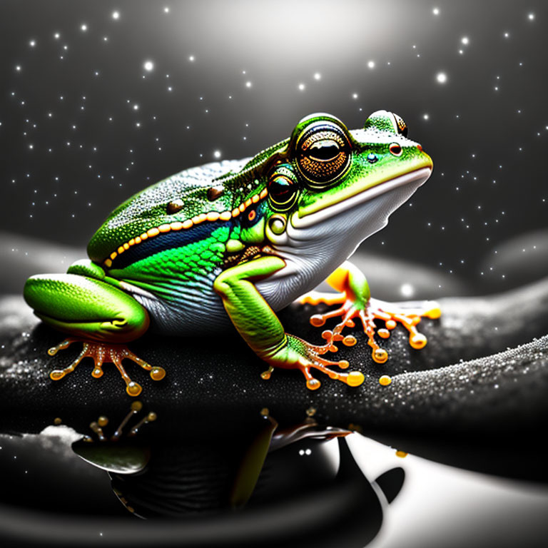 Colorful Digital Illustration: Green Frog on Branch with Starry Sky