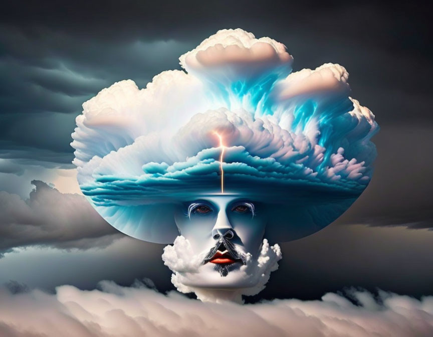 Face merged with majestic cloud formation and lightning bolt in surreal image