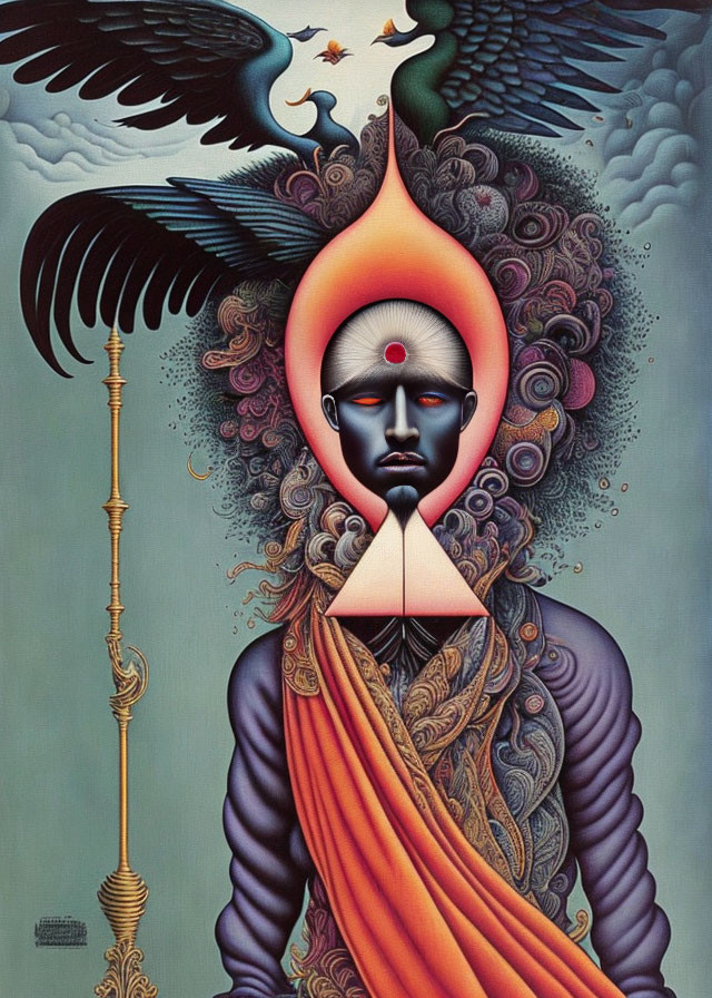 Surreal artwork featuring blue-faced figure, intricate patterns, orange aura, and bird.