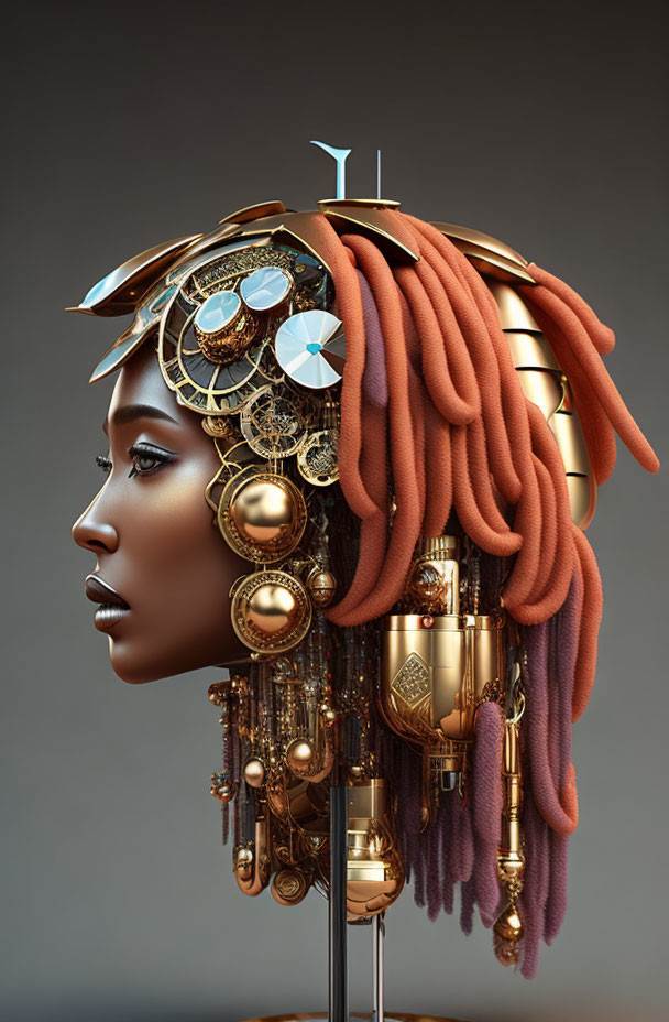 Female Steampunk Figure with Mechanical Components and Dreadlocks
