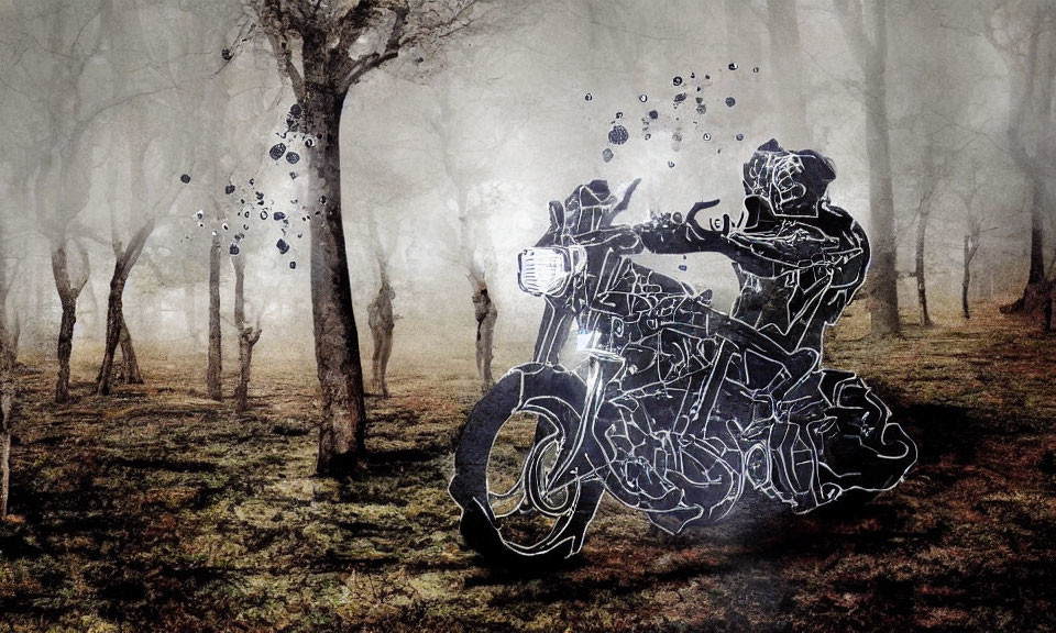 Digital illustration of glowing outlined motorcyclist in misty forest