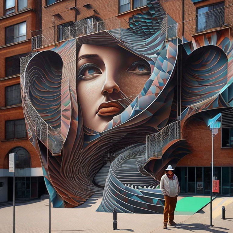 Geometric and organic patterns mural featuring woman's face.