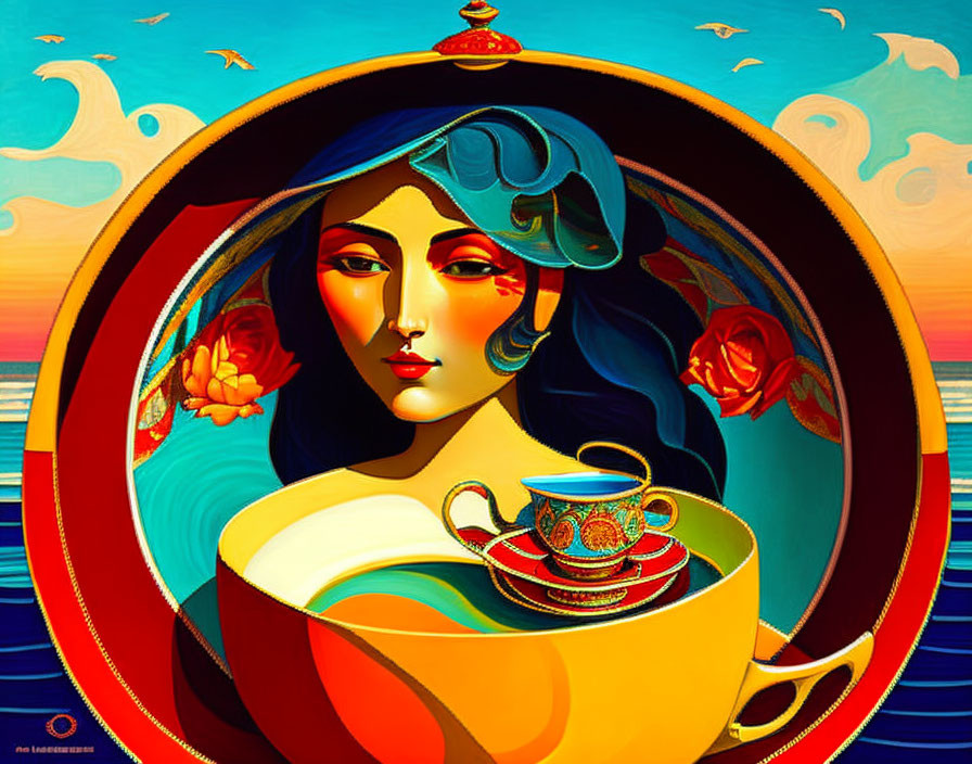 Colorful Artwork: Stylized Woman with Tea and Ocean Elements
