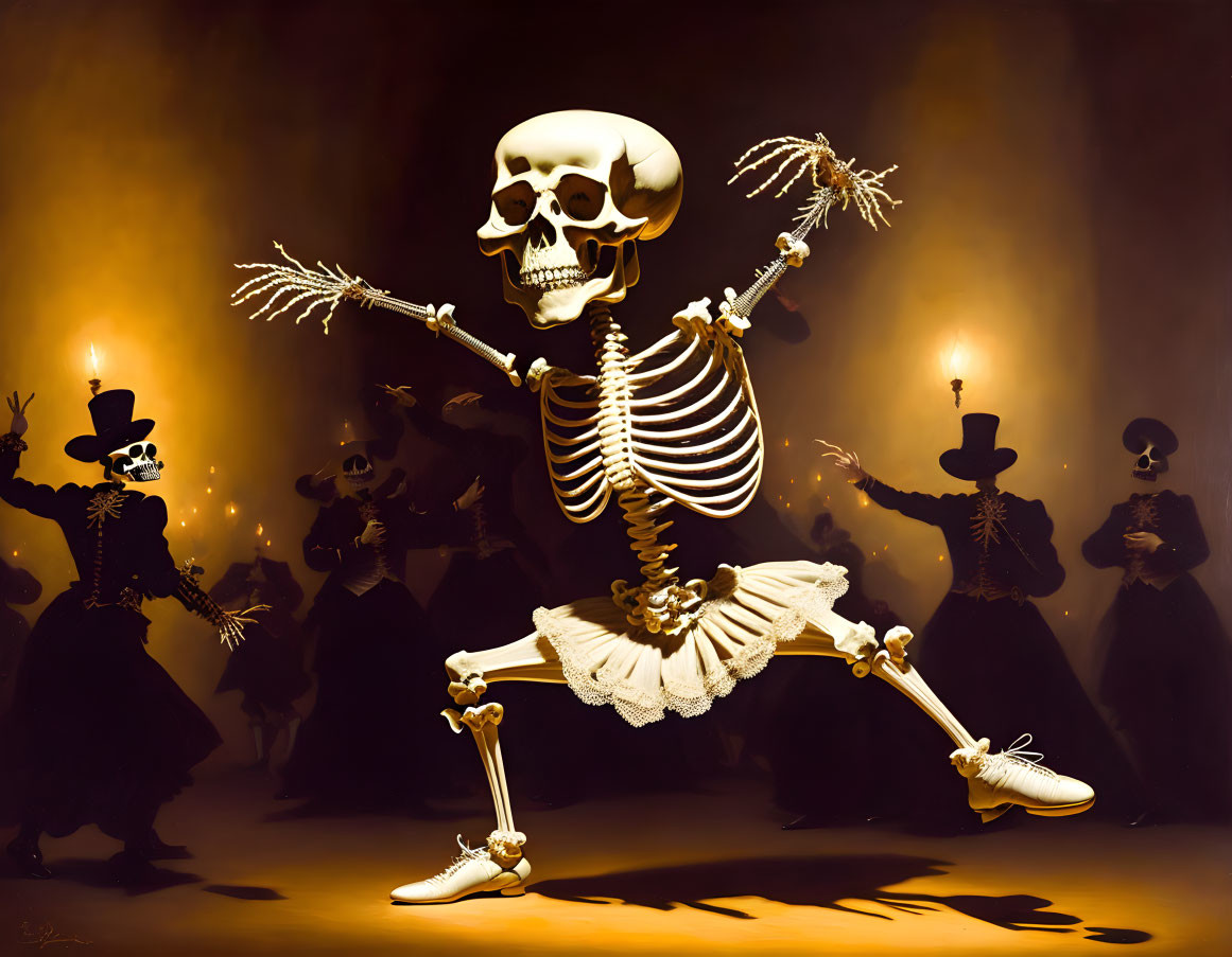 Skeleton Dancing Surrounded by Silhouetted Figures in Top Hats