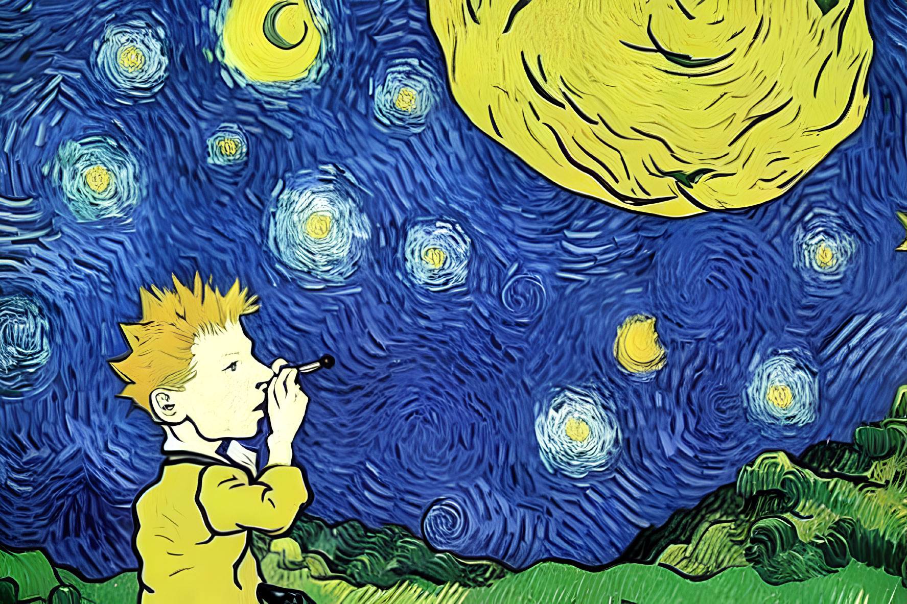 Stylized illustration of boy with spiky hair under night sky