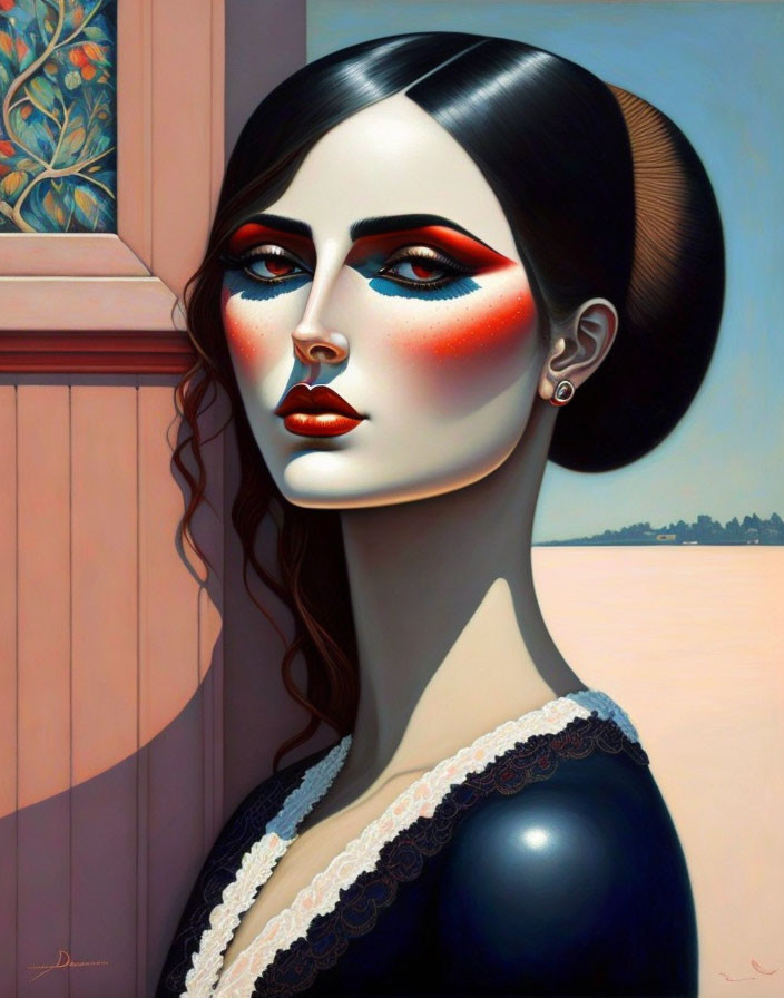 Stylized portrait of woman with sharp features and bold red eye makeup