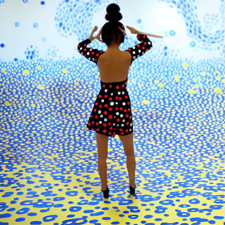 Woman in Polka Dot Dress in Blue and Yellow Polka Dot Art Installation Room