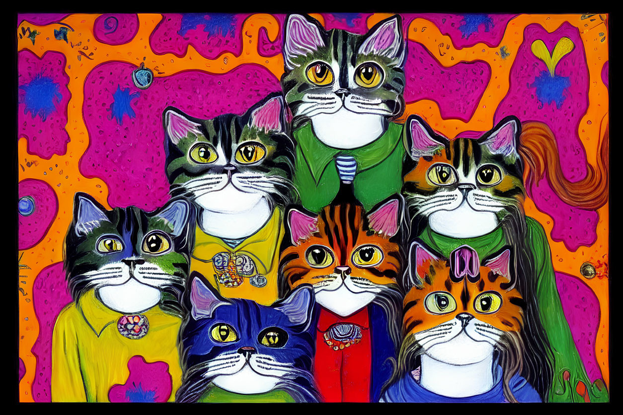 Colorful Cartoon Painting of Anthropomorphic Cats in Psychedelic Background