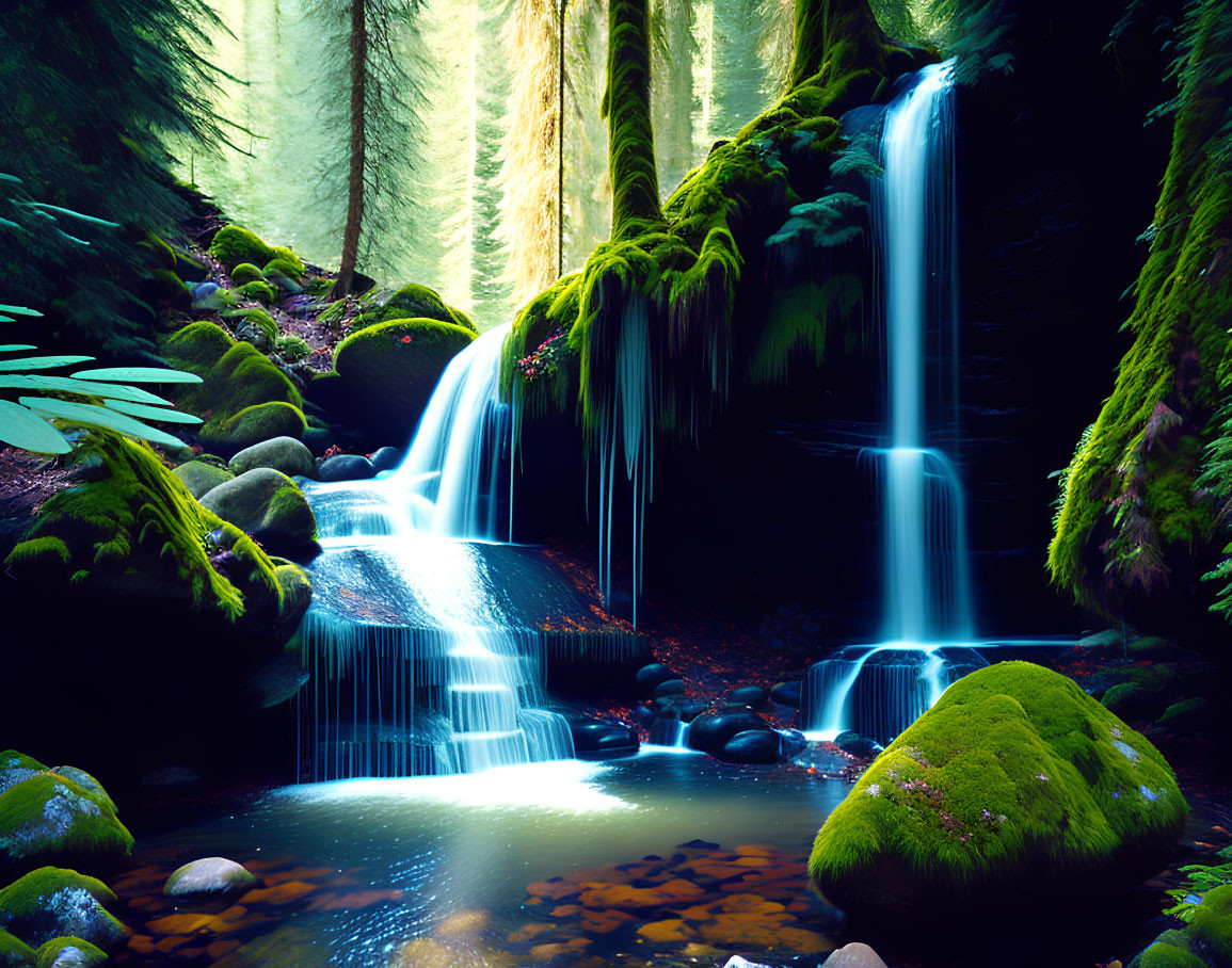 Tranquil forest waterfall with moss-covered rocks in sunlight