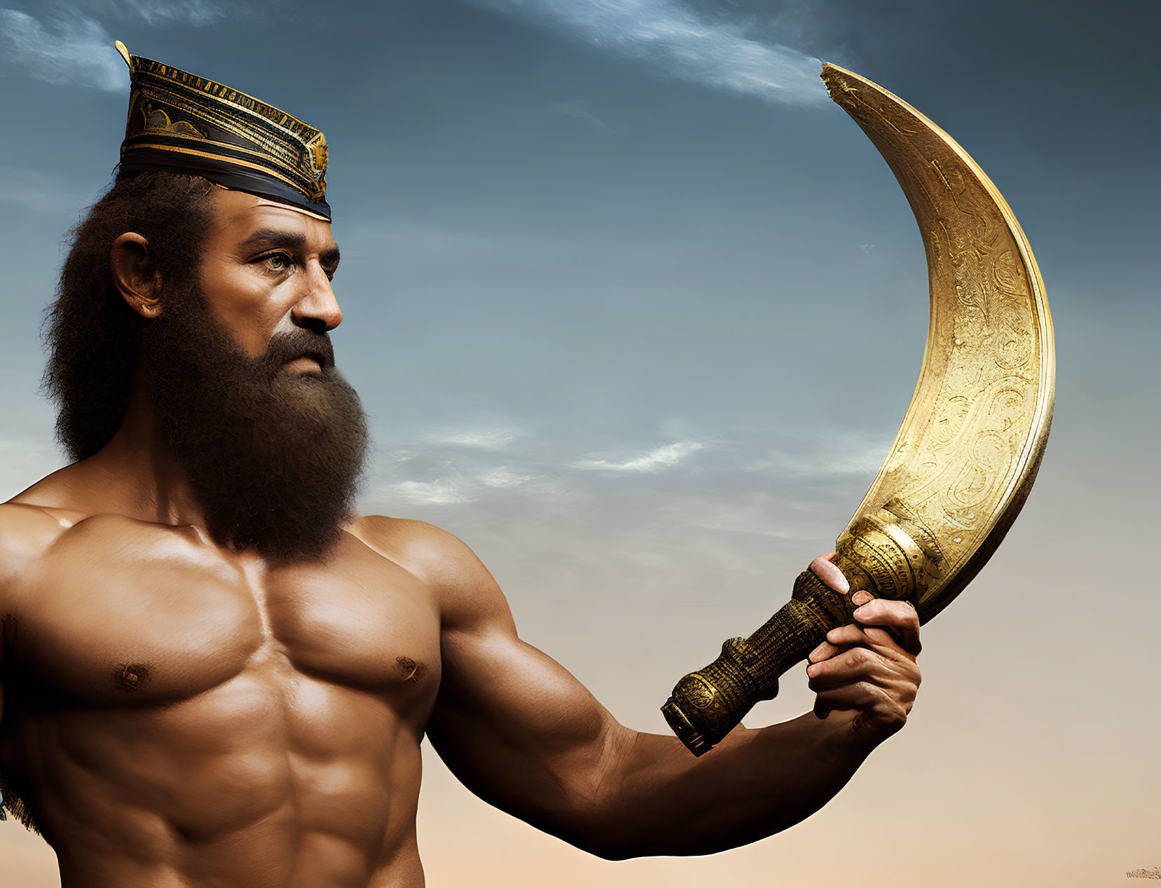 Muscular man with beard holding golden sickle at dusk