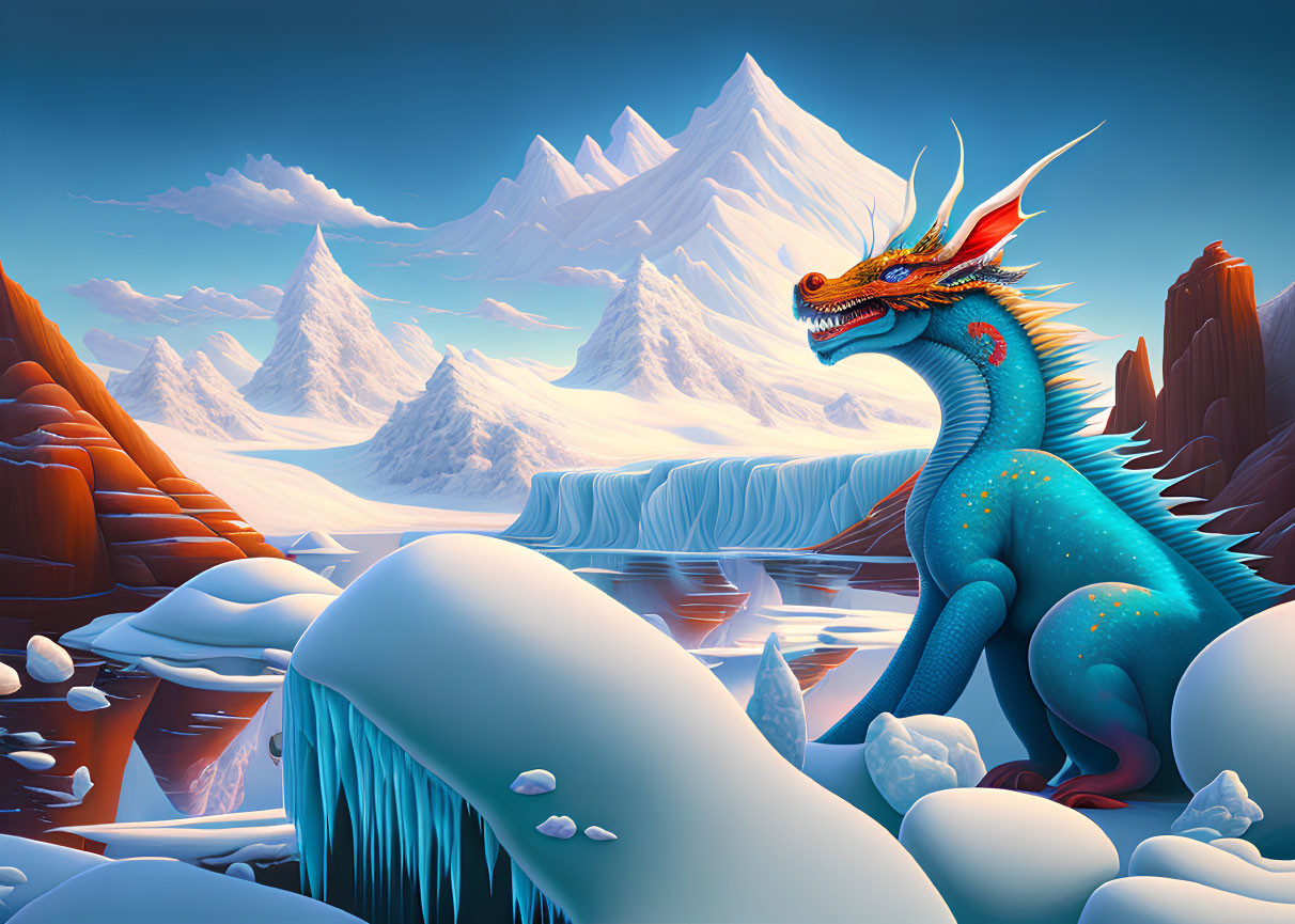 Blue Dragon in Icy Landscape with Mountains and Waterfalls