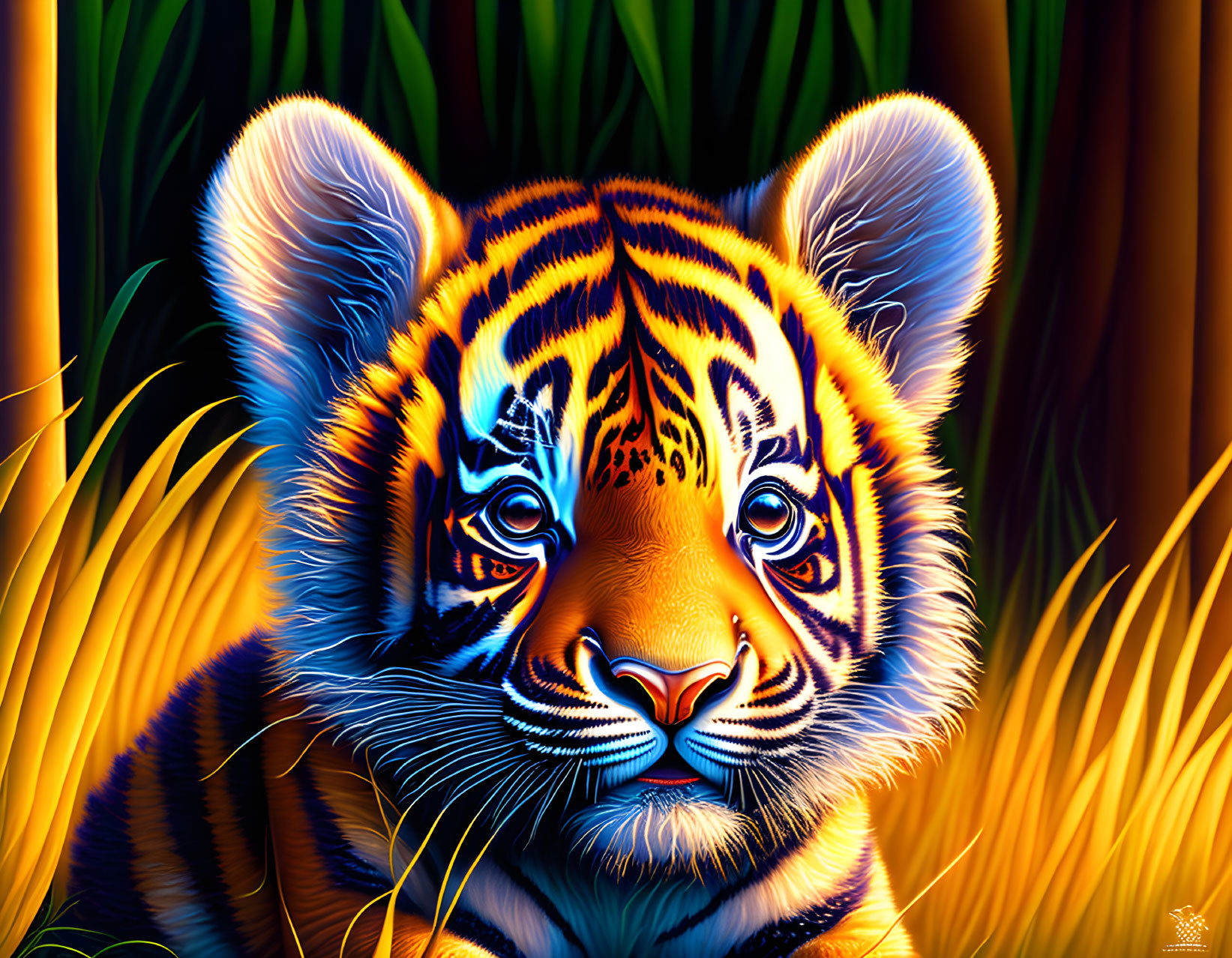 Colorful Tiger Cub Artwork with Vibrant Stripes and Golden Grass Background