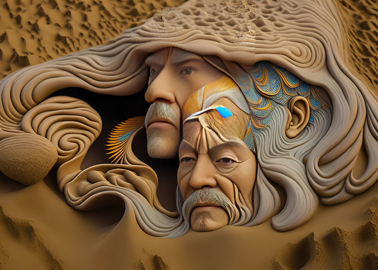 Composite Image Blending Male Faces with Desert Sand Dunes