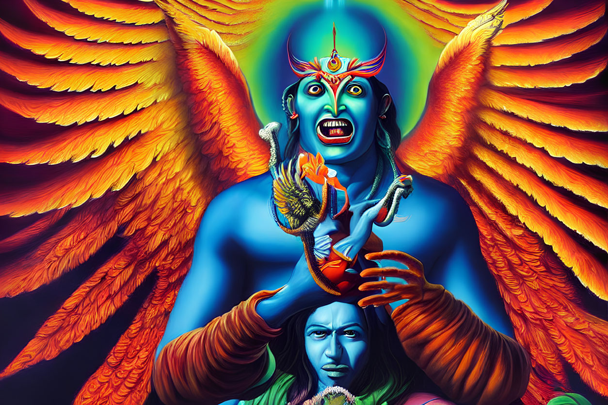 Colorful depiction of a multi-armed, blue-skinned deity with fiery orange wings