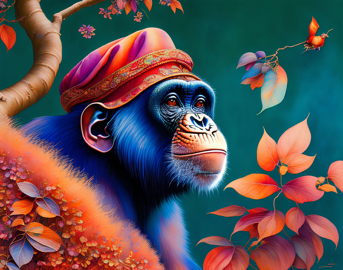Colorful monkey with traditional hat in autumn setting with bird and leaves