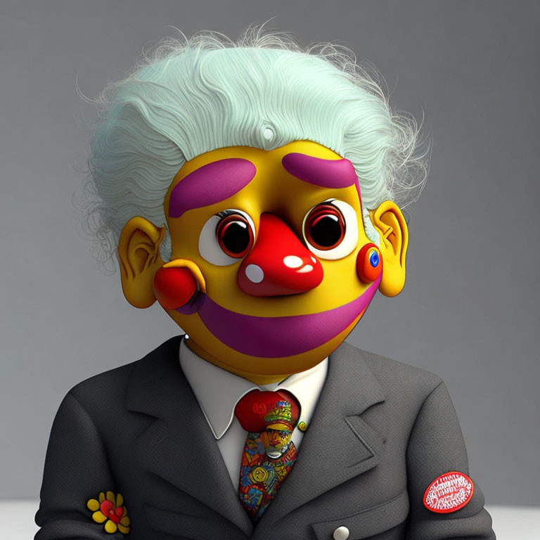 Character with Einstein-style hair, suit, clown face.