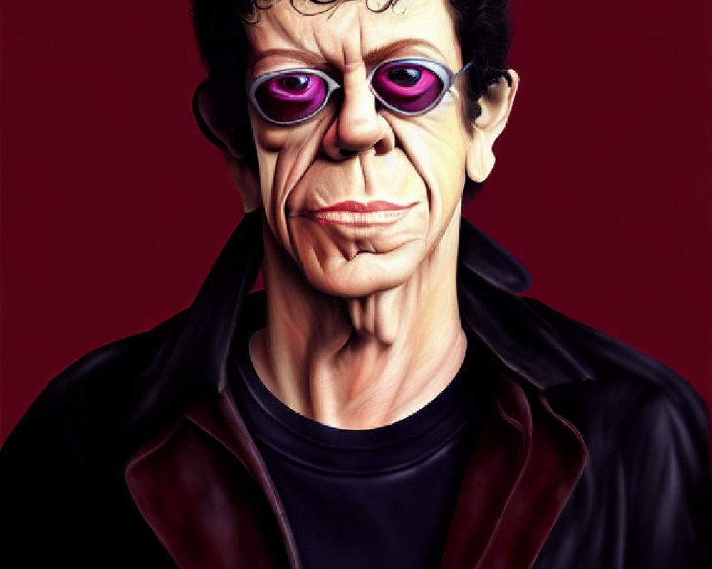Stylized portrait of person with prominent cheekbones and sunglasses on red background